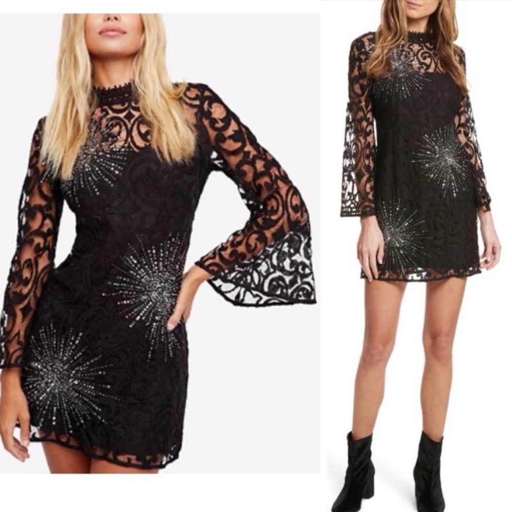 Free People North Star Crochet Lace Sequin Bell Sleeve Mini Dress Size 6